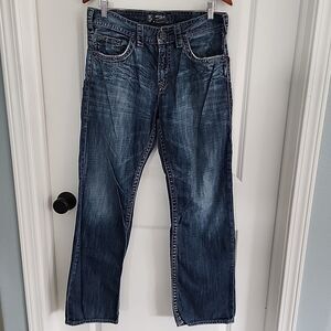 Silver Jeans Zac Relaxed Fit Jeans 33x32 Light Wash Blue Distressed Straight Leg